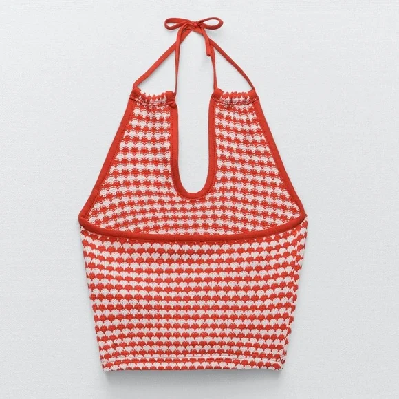 ZARA crochet halter tie crop top! Sleeveless red and white - Picture 3 of 11